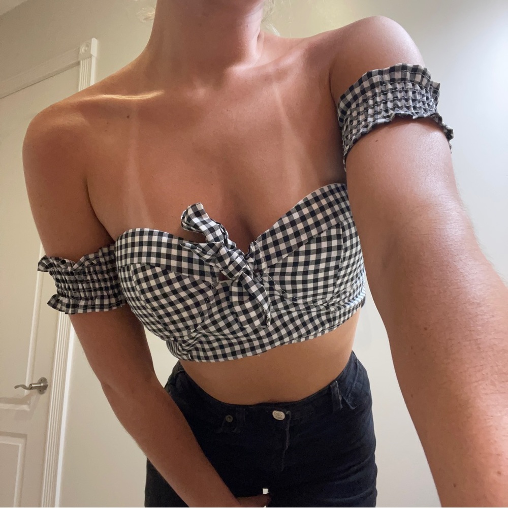 off the shoulder, checkered baby doll bra top